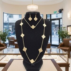 14k Gold Filled Clover Jewelry Set Adjustable Necklace, Bracelet & Drop Earrings